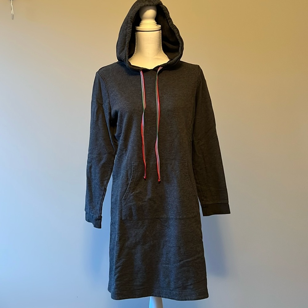 Boden hooded sweatshirt dress with colorful ribbon accents, size 10R, gray